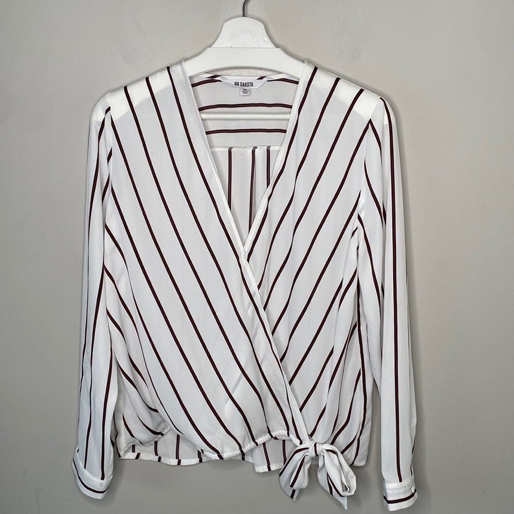 BB Dakota White Striped Wrap Blouse with Tie